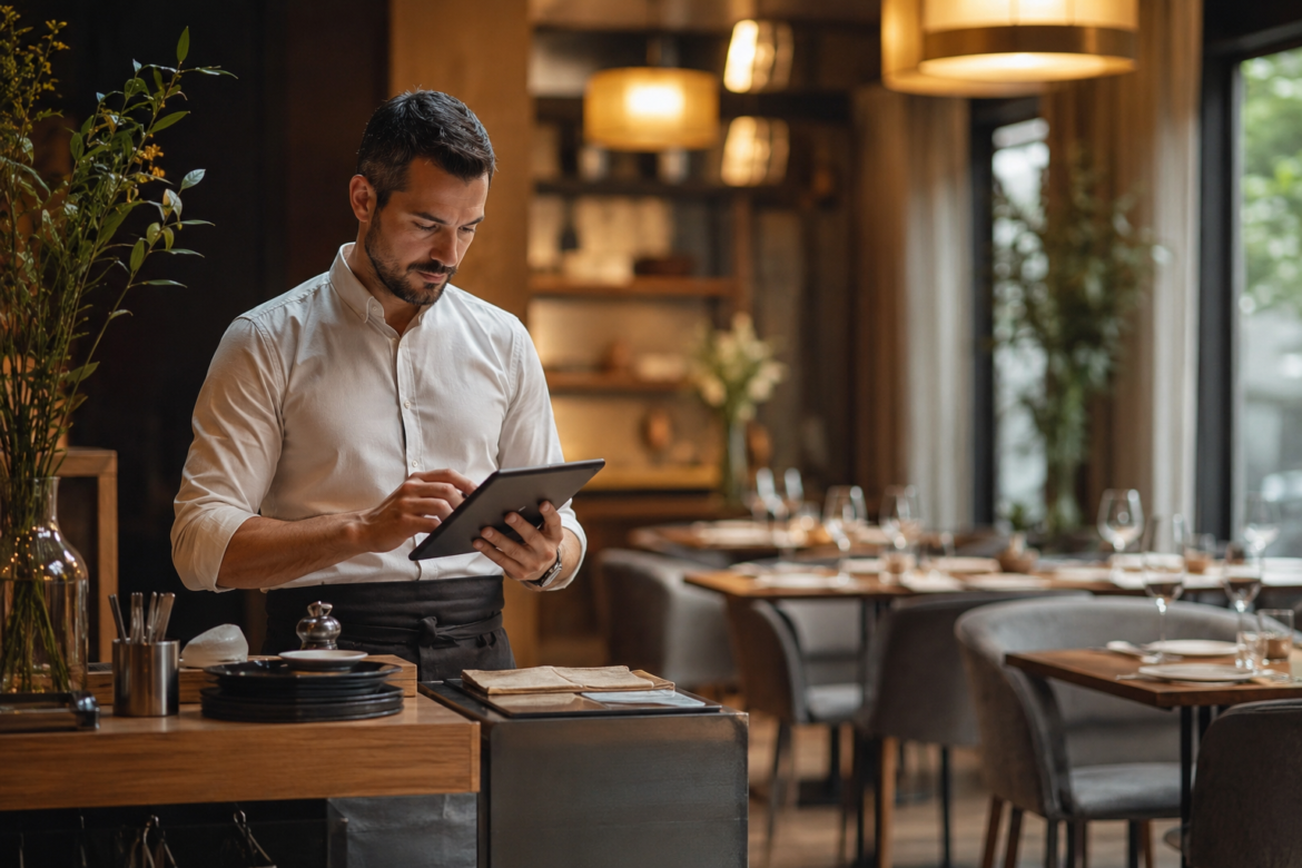 IA restaurantes: camarero revisa herramientas de IA en tablet dentro de un restaurante