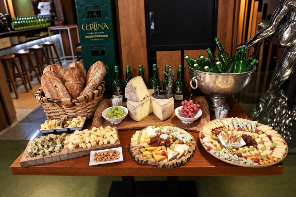 Mesa con la pieza de queso Cabrales, pan artesano, sidra y uvas en la degustación de Couzapín, Madrid